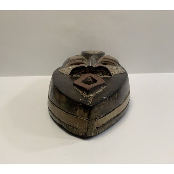 Carved Wooden Face Mask Metal Inlay Open Mouth Tribal Ethnic Cultural Decor READ - Picture 4 of 15